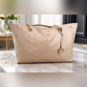 Michael Kors Gorgia Large Nylon Beige Tote with Gold Accents Bag